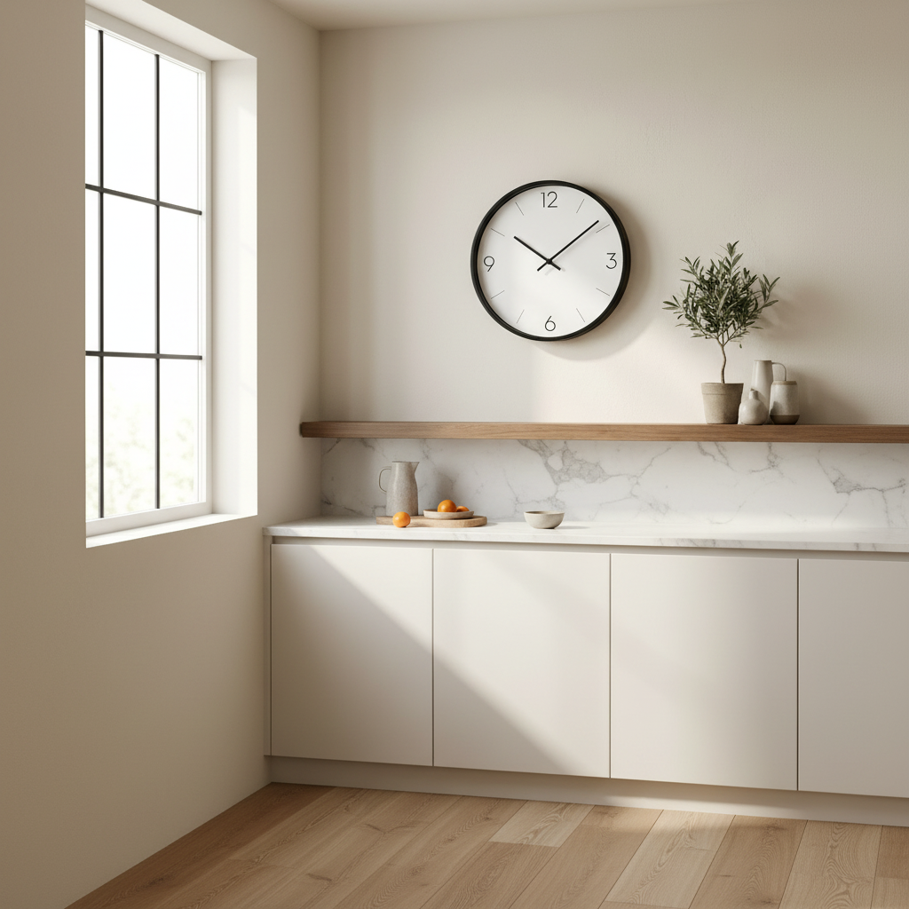 Quiet Modern Wall Clock hung on a kitchen wall