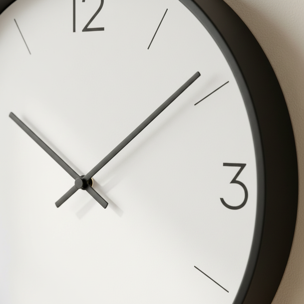 Close-up macro detail of the wall clock hands and minimal markers