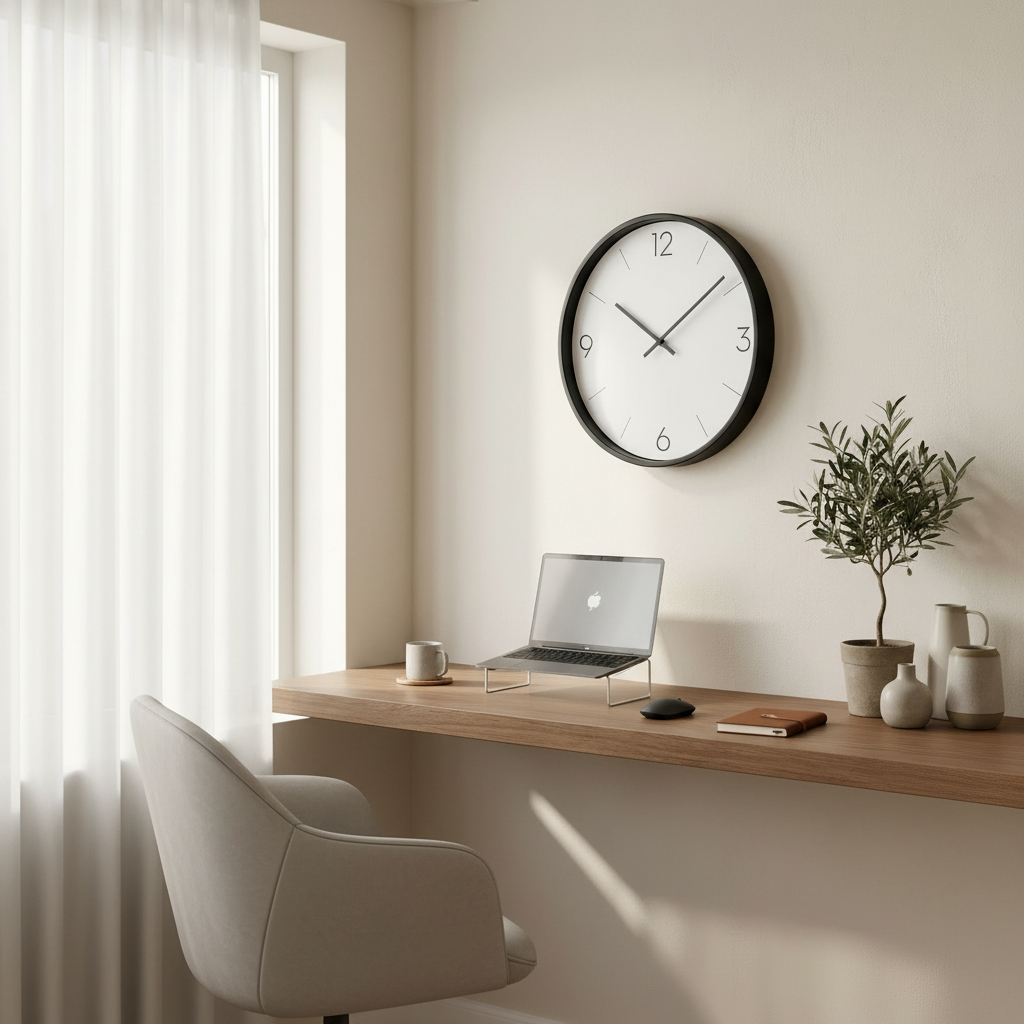 Quiet Modern Wall Clock above a home office desk