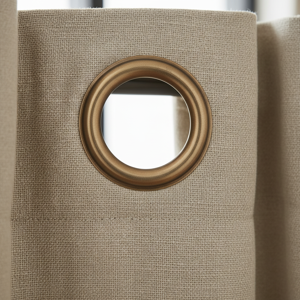 Close-up macro detail of linen curtain texture and grommet header