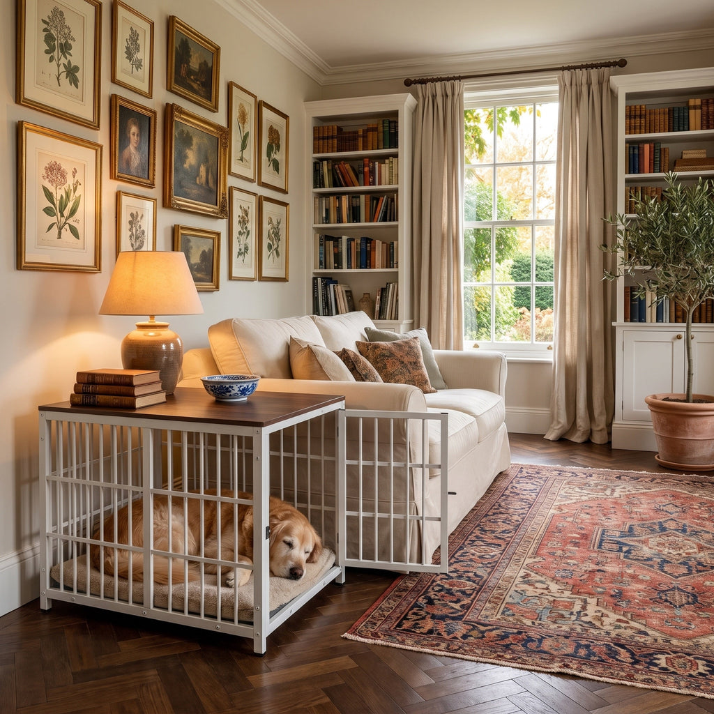Ashcombe Dog Crate End Table, Solid Wood Top with 3 Doors, 3 Sizes