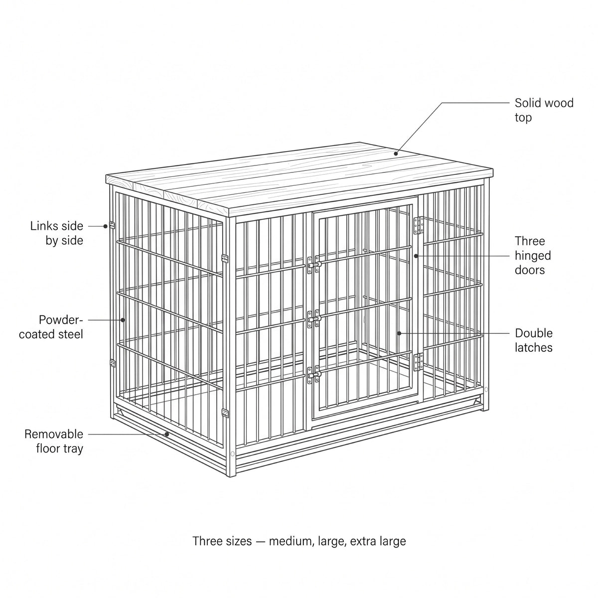 Ashcombe Dog Crate End Table, Solid Wood Top with 3 Doors, 3 Sizes — view 5