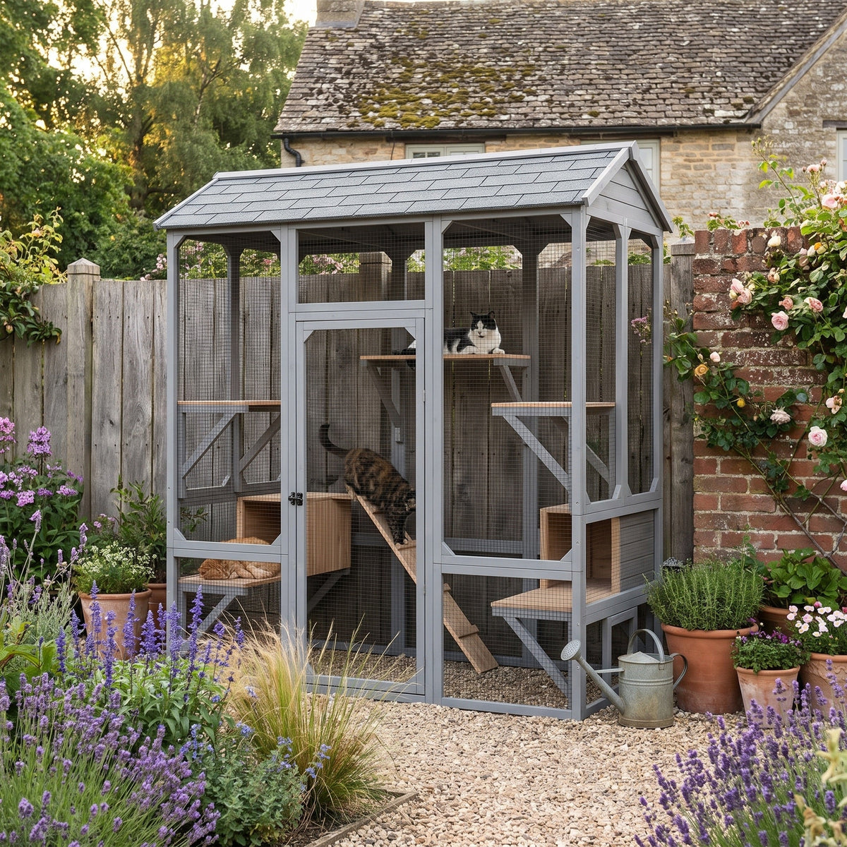 Lodge Walk-In Catio, 72" Tall with 7 Platforms and 2 Shelter Boxes