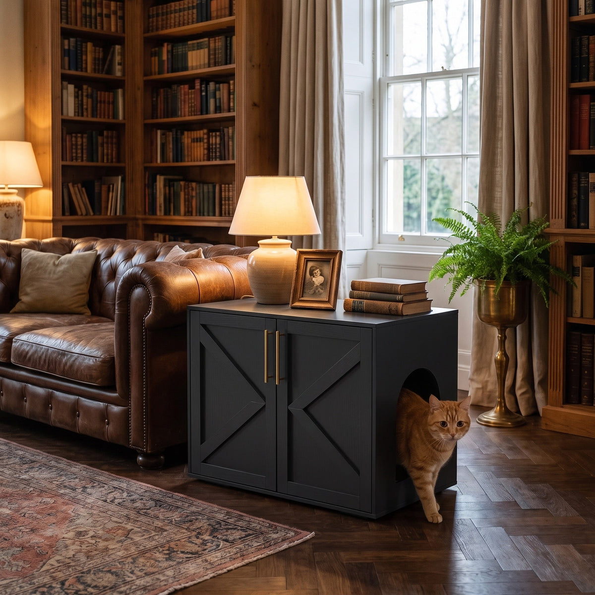 Stable Hidden Litter Box Furniture, End Table with Sliding Barn Doors