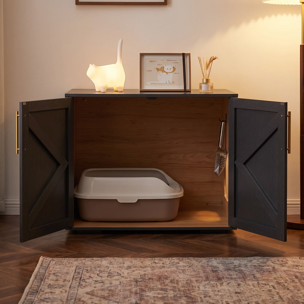 Stable Hidden Litter Box Furniture, End Table with Sliding Barn Doors — view 3