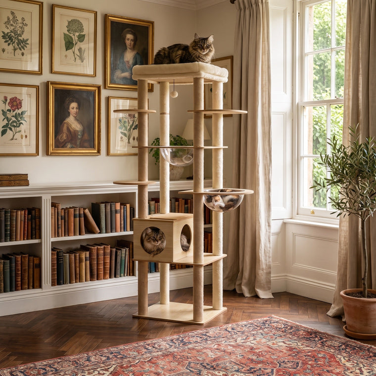 Walnut Modern Wood Cat Tree with Sisal Posts and Enclosed Box
