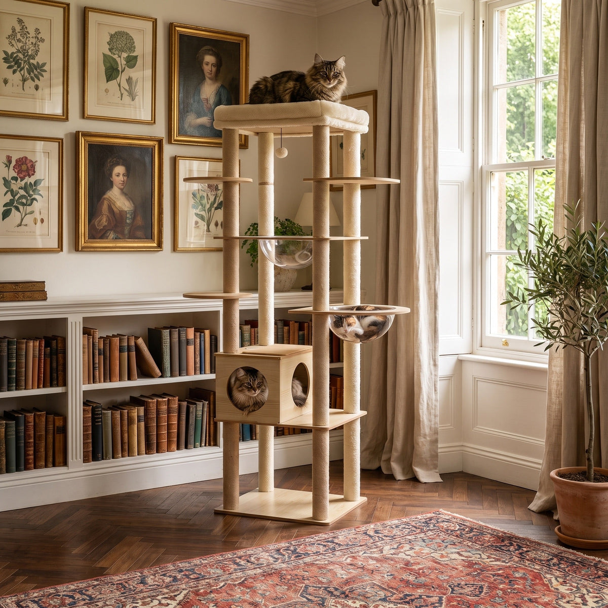 Walnut Modern Wood Cat Tree with Sisal Posts and Enclosed Box