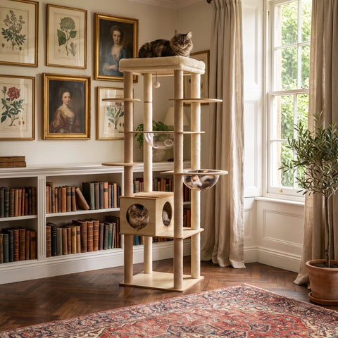 Walnut Modern Wood Cat Tree with Sisal Posts and Enclosed Box