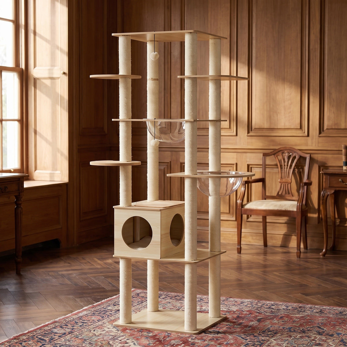 Walnut Modern Wood Cat Tree with Sisal Posts and Enclosed Box — view 2