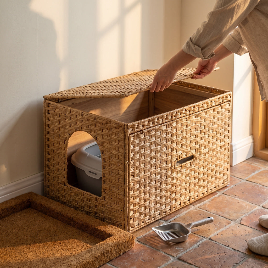 Wicker Rattan Litter Box Enclosure with Flip-Top Lid and Tall Doorway — view 3